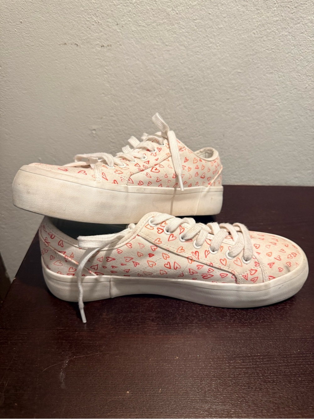 Joie White Canvas Wedge Sneakers with Pink Heart Print